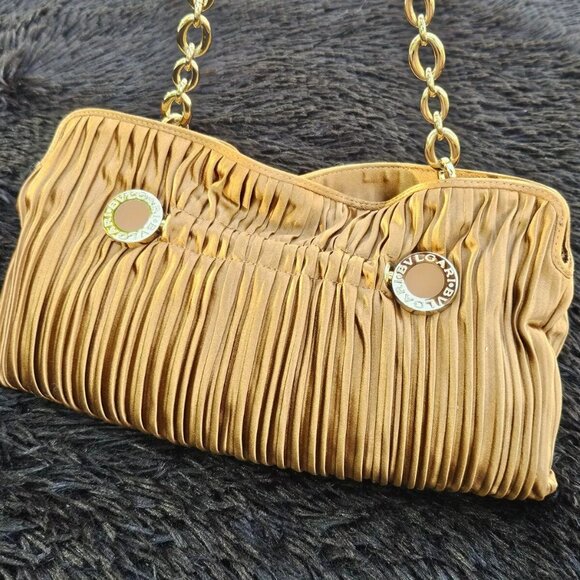 BVLGARI Handbags - BVLGARI Handbag Metallic Brown Pleated Satin Clutch Gold Tone Hardware Purse